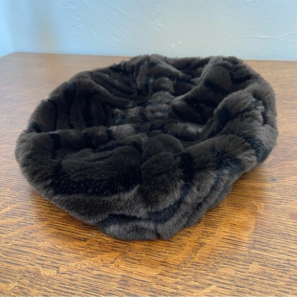 VINTAGE FAUX FUR BLACK BROWN CIRCLE WOMENS FANCY CHIC WINTER BEATNIK HAT - Picture 6 of 11